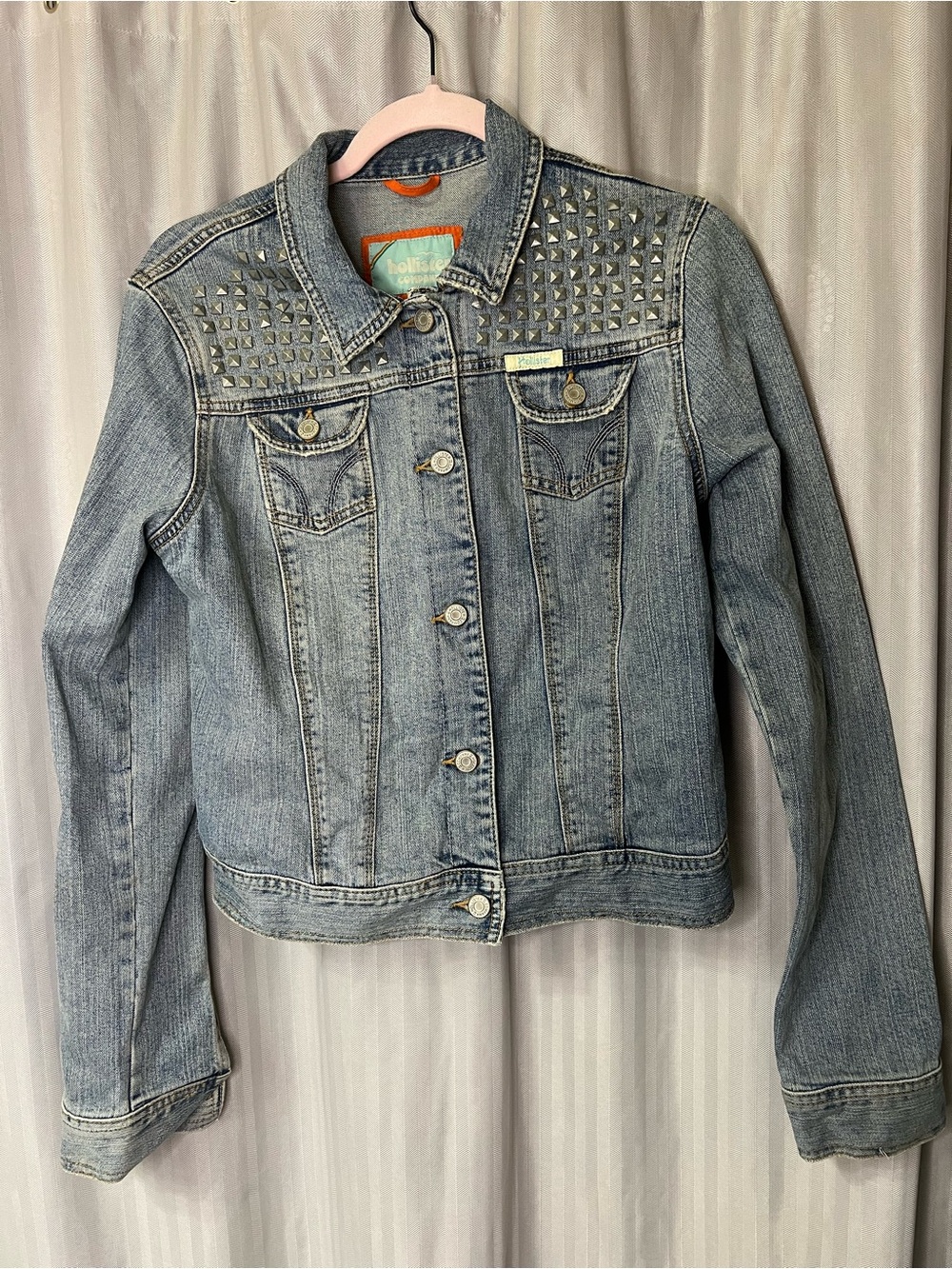 Hollister Studded Light Blue distressed Denim Jacket size L
